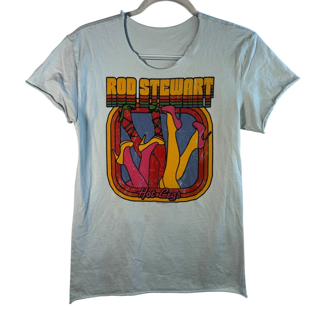 Rod Stewart Hot Legs Graphic Tee Distressed Raw Hem Blue Rock Band Shirt XS